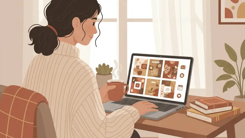 Pengantin melihat undangan digital storyline di laptop yang menampilkan galeri foto dan video