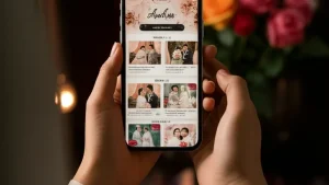 Undangan digital dengan fitur storyline love story di smartphone