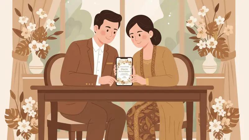 Pasangan pengantin melihat undangan digital video di tablet