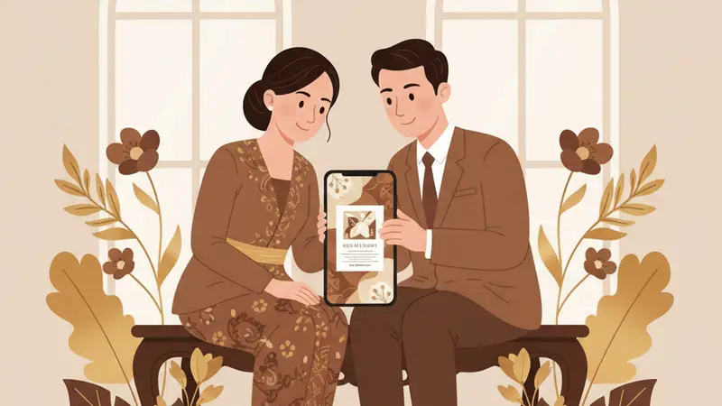 Pasangan pengantin melihat undangan digital web di tablet