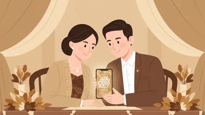 Pasangan pengantin memegang ponsel yang menampilkan undangan digital wedding