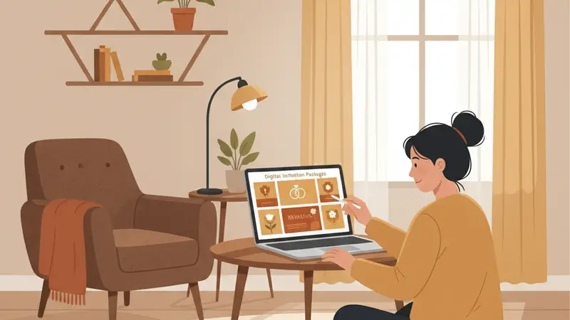 Pengantin wanita melihat laptop dengan tampilan website Sannubari, jasa undangan digital