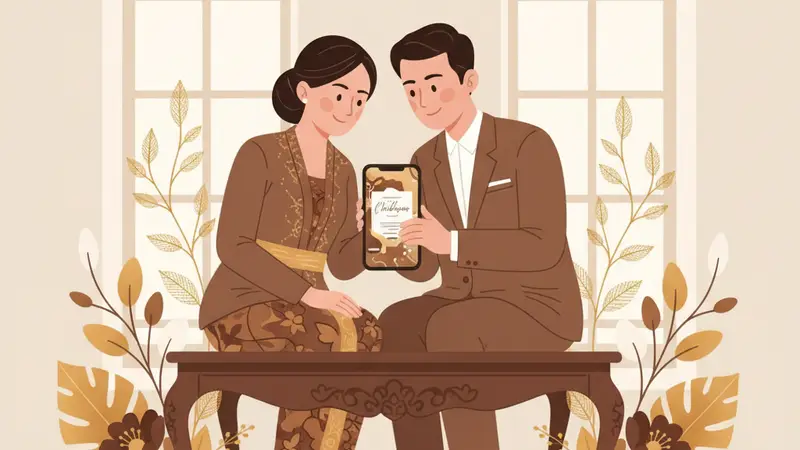 Ilustrasi pasangan sedang melihat harga undangan web di laptop