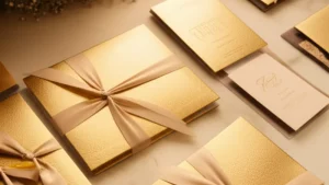 Set undangan pernikahan mewah premium dengan aksen emas dan pita sutra