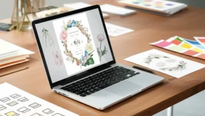 Desainer profesional membuat undangan digital pernikahan di laptop