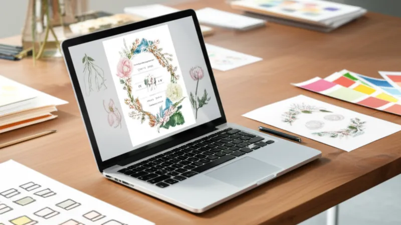 Desainer profesional membuat undangan digital pernikahan di laptop