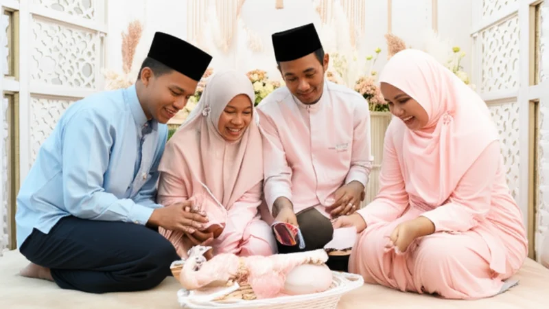 Keluarga Muslim Indonesia merayakan acara aqiqah bayi dengan dekorasi islami yang cantik