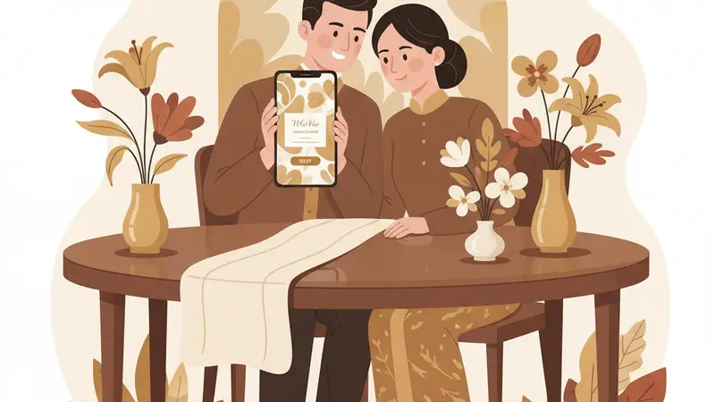 Pasangan pengantin melihat contoh undangan digital dari jasa bikin undangan digital Sannubari