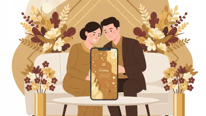 Pasangan pengantin melihat contoh undangan digital di laptop