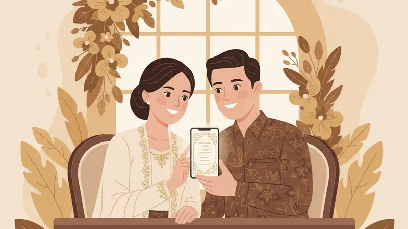 Pasangan berbahagia melihat undangan digital pernikahan di tablet