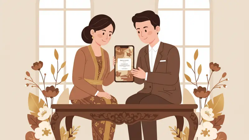 Pasangan pengantin melihat undangan digital di tablet