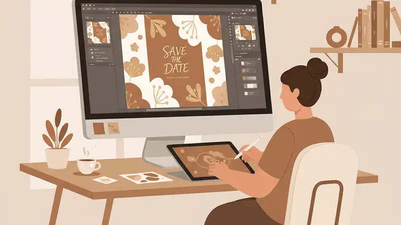 Pasangan memilih desain undangan digital di laptop