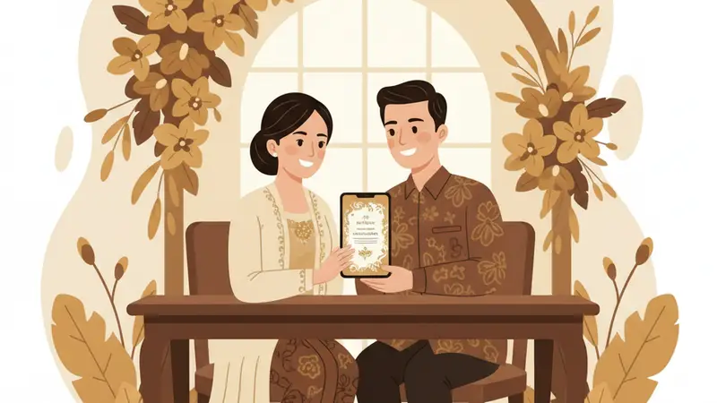 Ilustrasi pasangan sedang melihat desain undangan digital di laptop