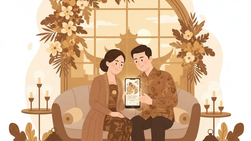Ilustrasi pasangan duduk di sofa sambil memegang ponsel berisi undangan