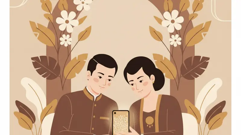 Ilustrasi pasangan berbaju cokelat melihat undangan pada ponsel di antara ornamen bunga