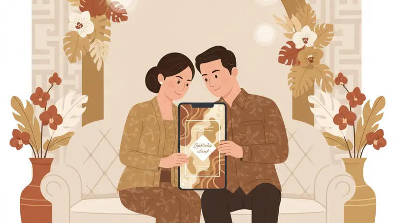Ilustrasi pasangan pengantin melihat desain undangan pernikahan digital di tablet