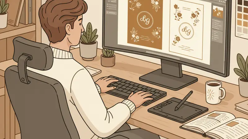 Ilustrasi perancang bekerja di depan monitor berisi dua tata letak undangan