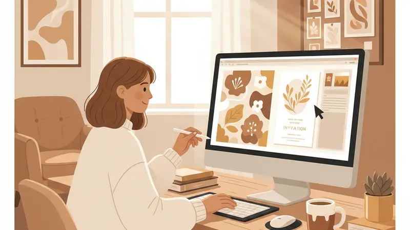 Ilustrasi perancang mengatur ornamen daun dan tata letak undangan pada monitor