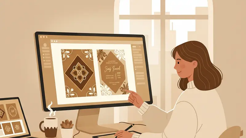 Desainer grafis sedang membuat desain undangan pernikahan digital di komputer