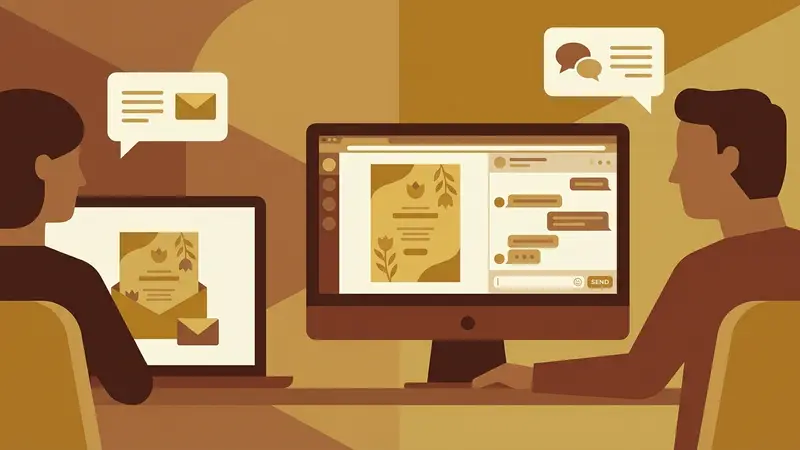 Ilustrasi dua orang meninjau undangan digital pada monitor dan tablet