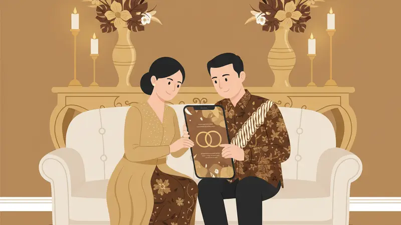 Ilustrasi pasangan sedang melihat undangan digital di tablet