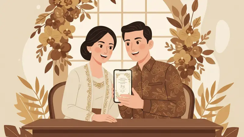 Pasangan pengantin bahagia melihat undangan pernikahan digital di laptop