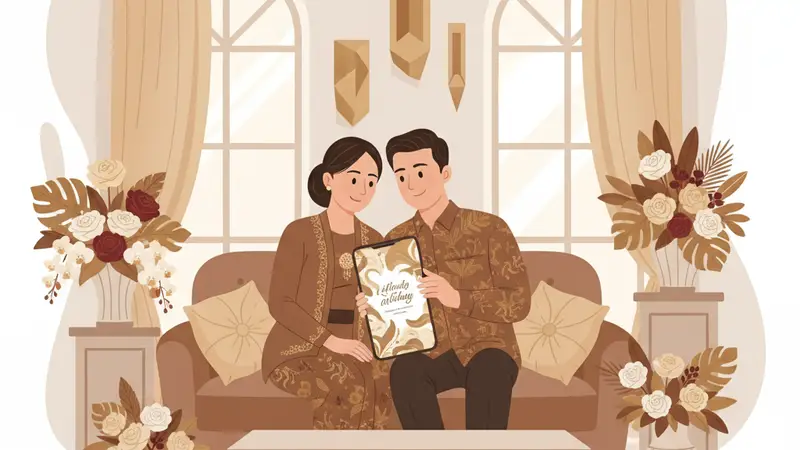 Ilustrasi pasangan sedang melihat undangan digital di tablet