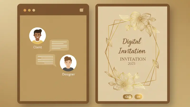 Pengantin baru sedang melihat tablet, memilih desain undangan digital Sannubari