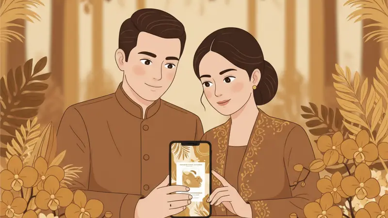 Ilustrasi pasangan sedang melihat ucapan digital di tablet