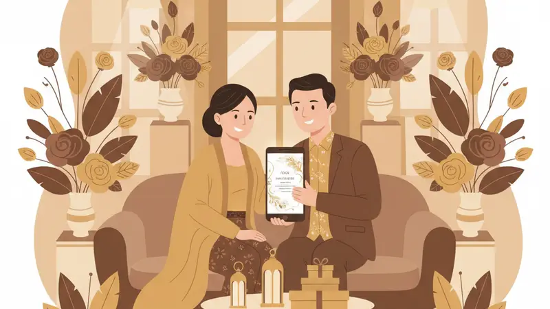 Pasangan sedang melihat contoh jasa undangan digital Sannubari di laptop