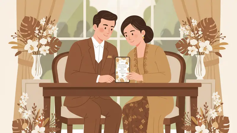 Pasangan bahagia melihat undangan digital mereka
