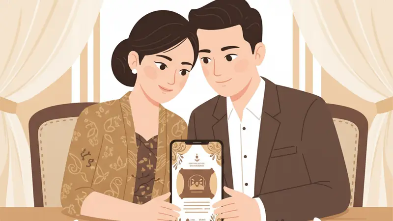Pasangan pengantin sedang melihat undangan digital website di tablet