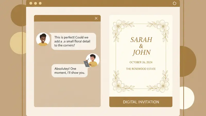 Pengantin wanita melihat template undangan digital di laptop