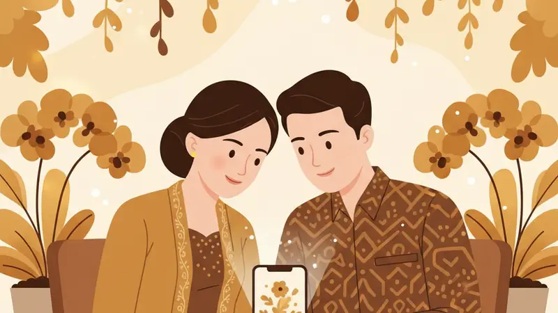 Pasangan pengantin melihat desain jasa undangan website pernikahan di laptop
