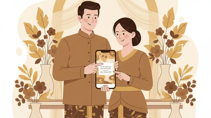 Ilustrasi pasangan sedang melihat kartu undangan digital di Bandung
