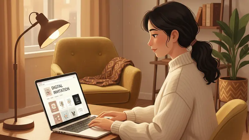 Pengantin sedang melihat fitur-fitur undangan digital di ponsel