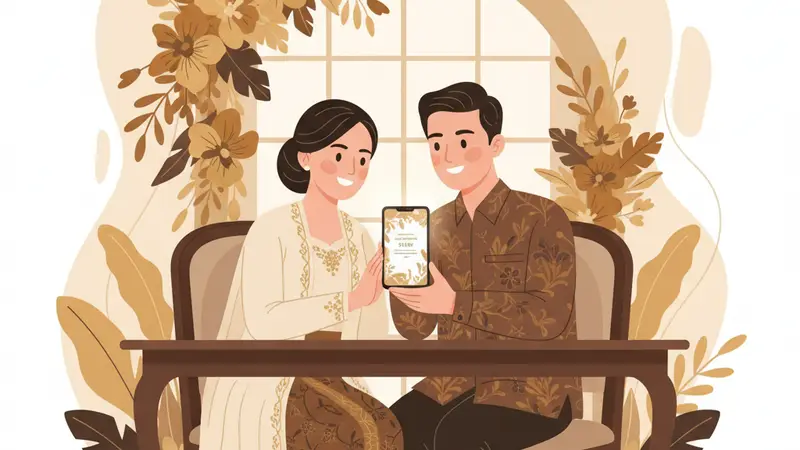 Ilustrasi pasangan sedang memilih kata kata undangan digital di laptop