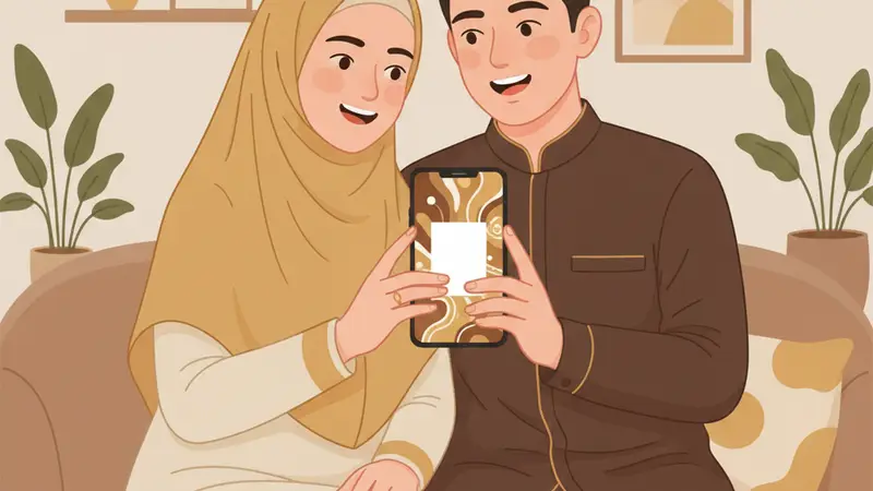 Pasangan sedang merangkai kata kata undangan digital dengan laptop
