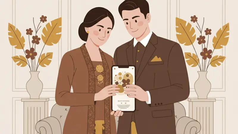 Ilustrasi pasangan sedang melihat link undangan online di smartphone