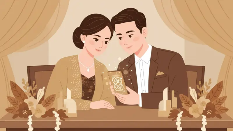 Ilustrasi link undangan online di smartphone dengan desain pernikahan yang elegan