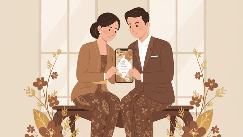 Pasangan pengantin melihat link undangan pernikahan online di tablet