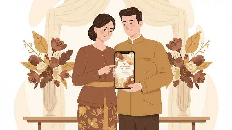 Pasangan muslim sedang melihat undangan digital dengan kisah cinta tanpa pacaran