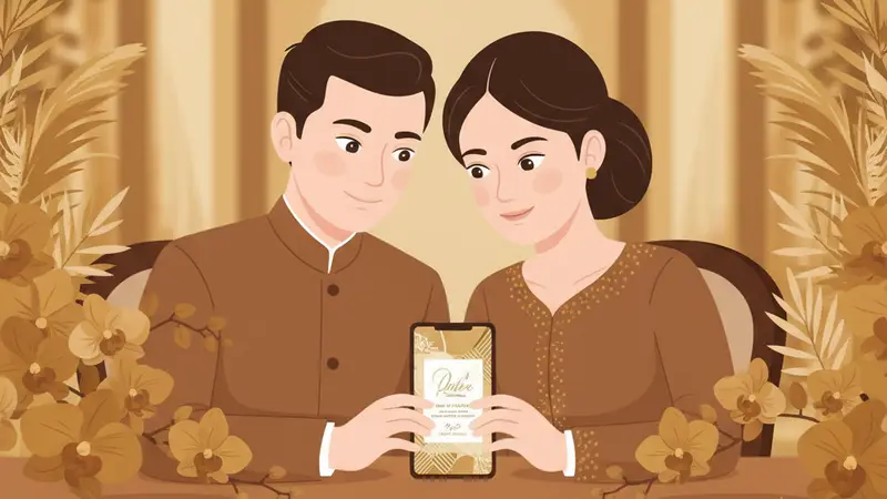 Pasangan calon pengantin sedang membuat undangan digital sendiri dengan laptop