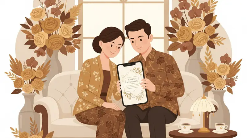 Pasangan pengantin sedang melihat laptop, membuat undangan online gratis