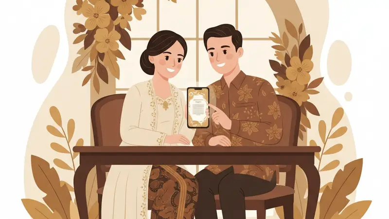 Ilustrasi pasangan sedang membuat undangan online gratis dengan laptop