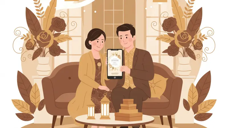 Ilustrasi pasangan yang sedang membuat undangan online gratis
