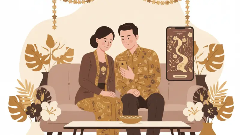 Pasangan sedang membuat undangan pernikahan online di laptop