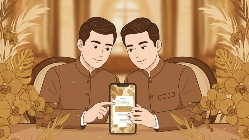 Pasangan pengantin sedang melihat undangan web di tablet