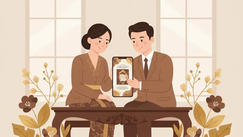 Pasangan berbahagia melihat undangan digital di tablet