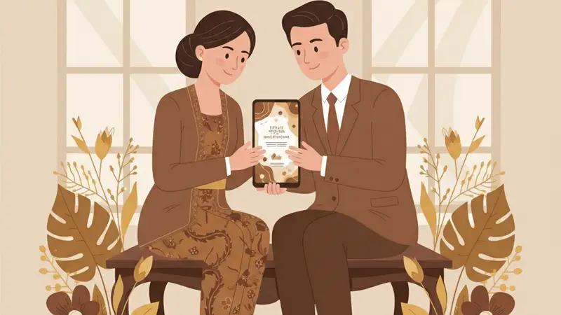 Ilustrasi pasangan sedang membandingkan jasa undangan digital di laptop dan tablet